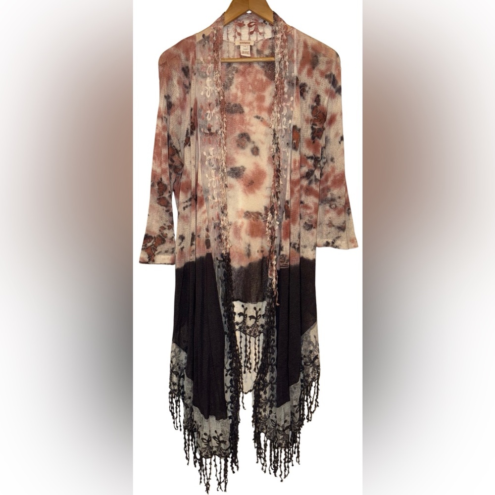 Sundance 100% Cotton Muted Pink Gray Open Front Cardigan Fringe Lace Boho Size L